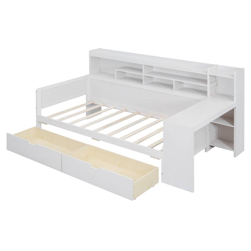 Wooden Daybed with Storage Shelves, Multi-functional Bed with Two Storage Drawers and Study Desk