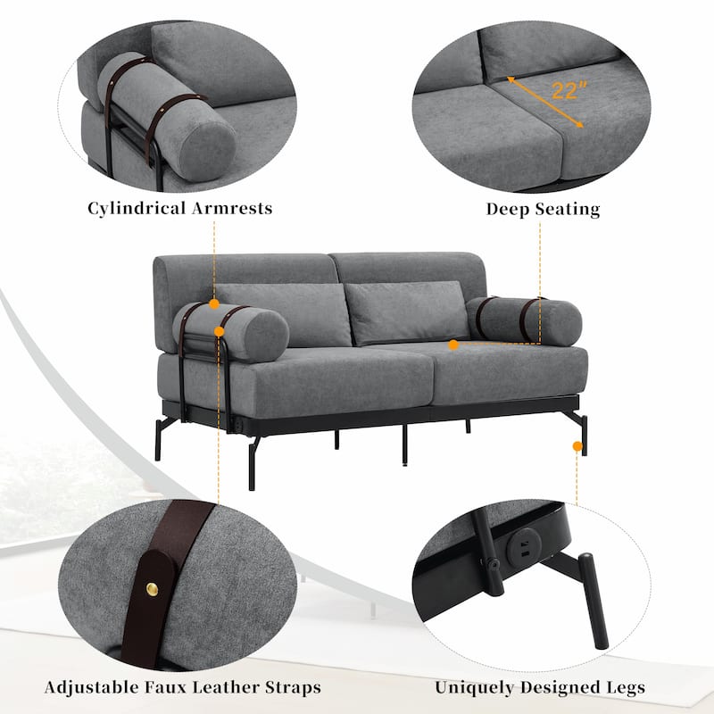 Modern Loveseat Sofa 59" Sofa Couch 2-Seater with Flexible USB Ports and Unique Cylindrical Armrests