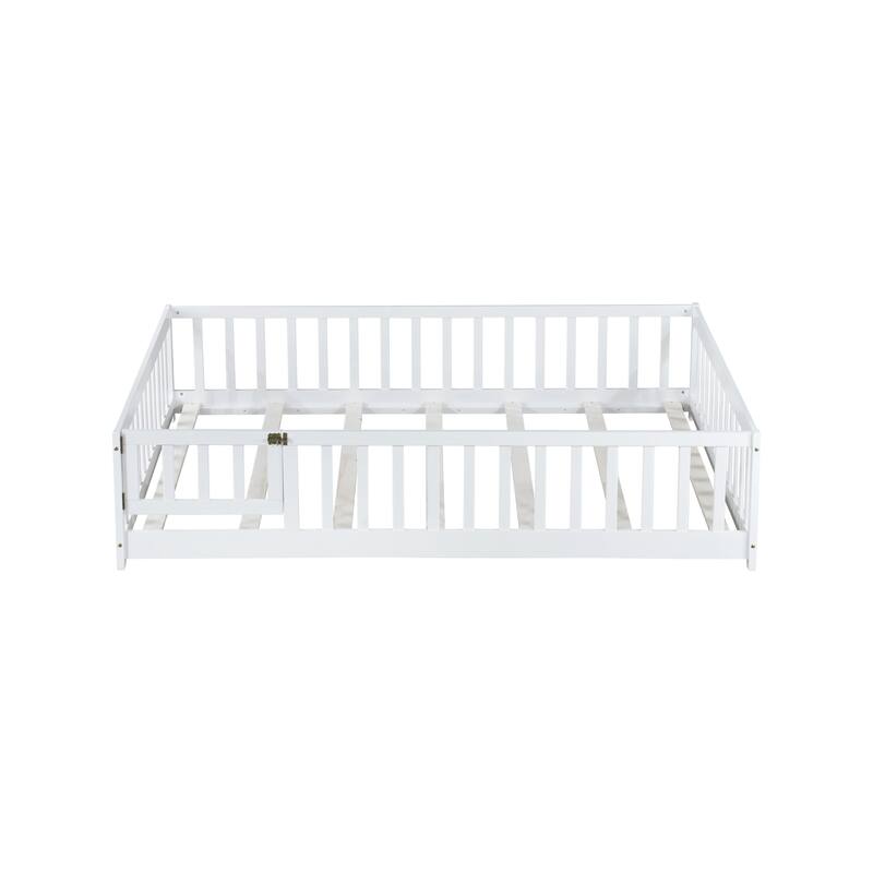 Full Size Rubber Wood Floor Panel Bed with Safety Fence and Door