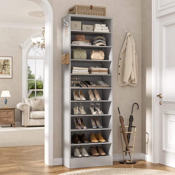 slide 2 of 6, Freestanding 10-Tier Shoe Storage Cabinet,Narrow Wood Shoe Rack Shoe Organizer,Sturdy Closet Organizer Open Display Cabinet Set of 1(17.7'' W) - Grey