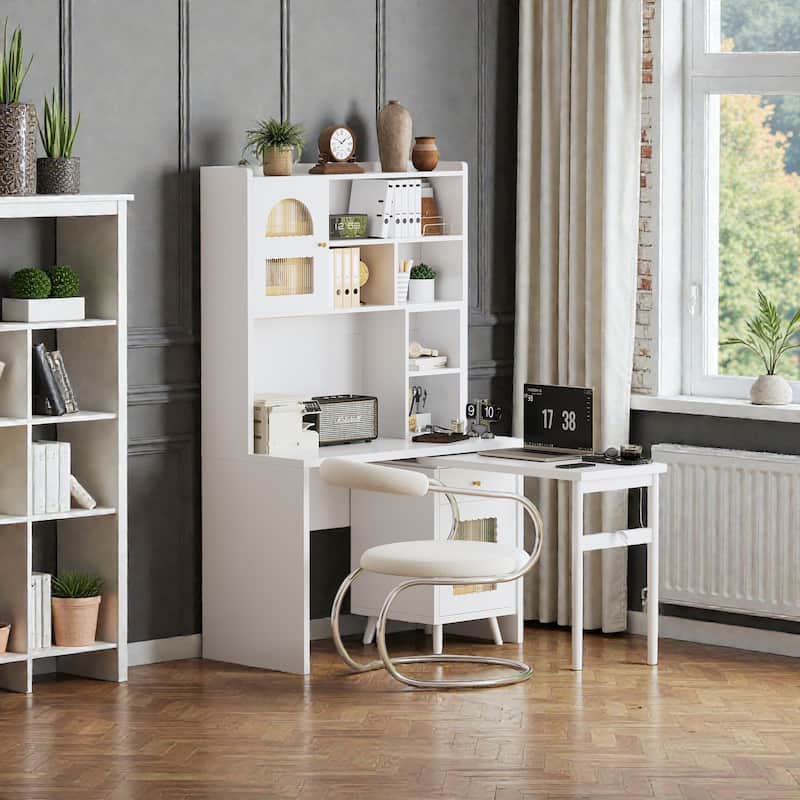 43 Inch Computer Desk with 90 Degree Rotating Desktop, Office Desk with Drawer Cabinets and Shelves for Home Office