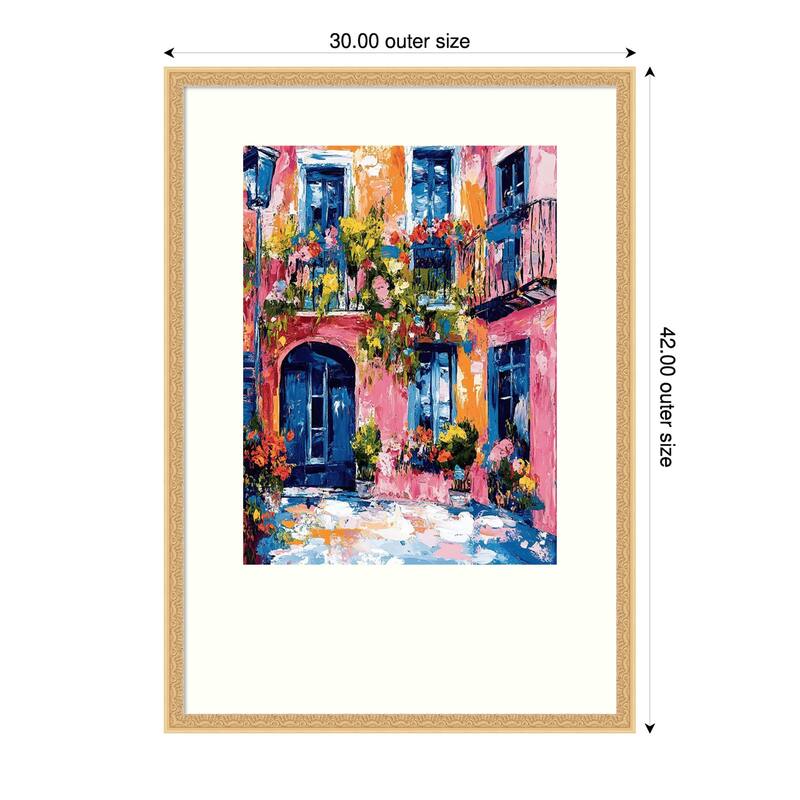 Pink Orange House Blue Door Flowers Impressionist Wood Framed Wall Art Print - Gold - 30 x 42 in