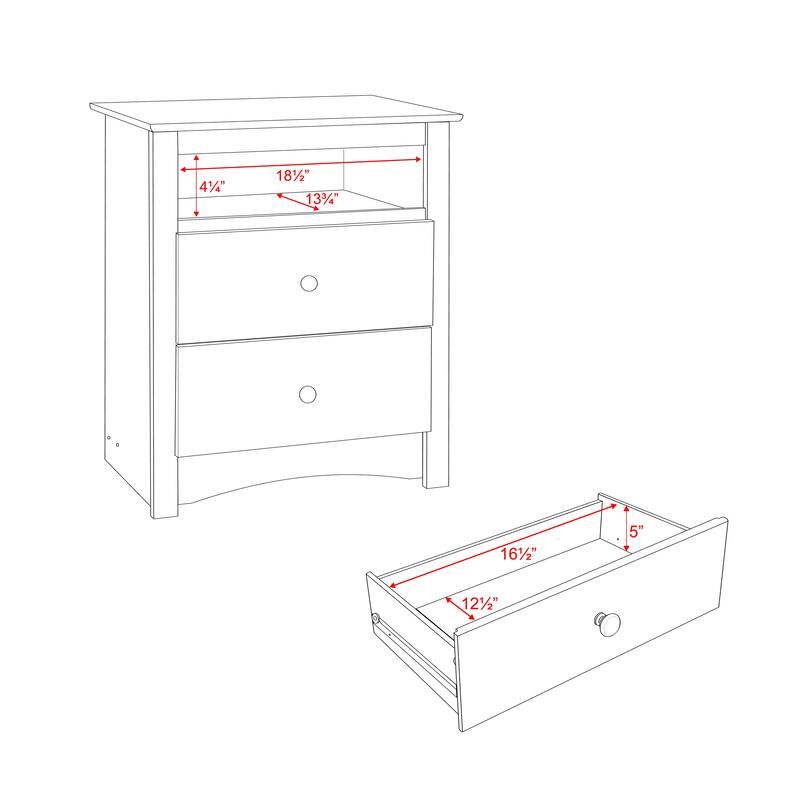 Prepac Monterey 2 Drawer Nightstand with Open Shelf, Bedside Table, Bedroom Furniture, End Table with Shelf
