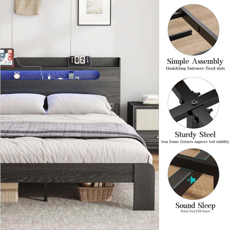 King Size Wood Platform Bed Frame with Storage Headboard, USB Charging, LED Light, No Box Spring Needed, Easy Assembly, Black