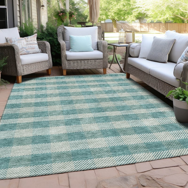 Machine Washable Indoor/ Outdoor Chantille Plaid Stripe Rug - Teal - 10' x 14'
