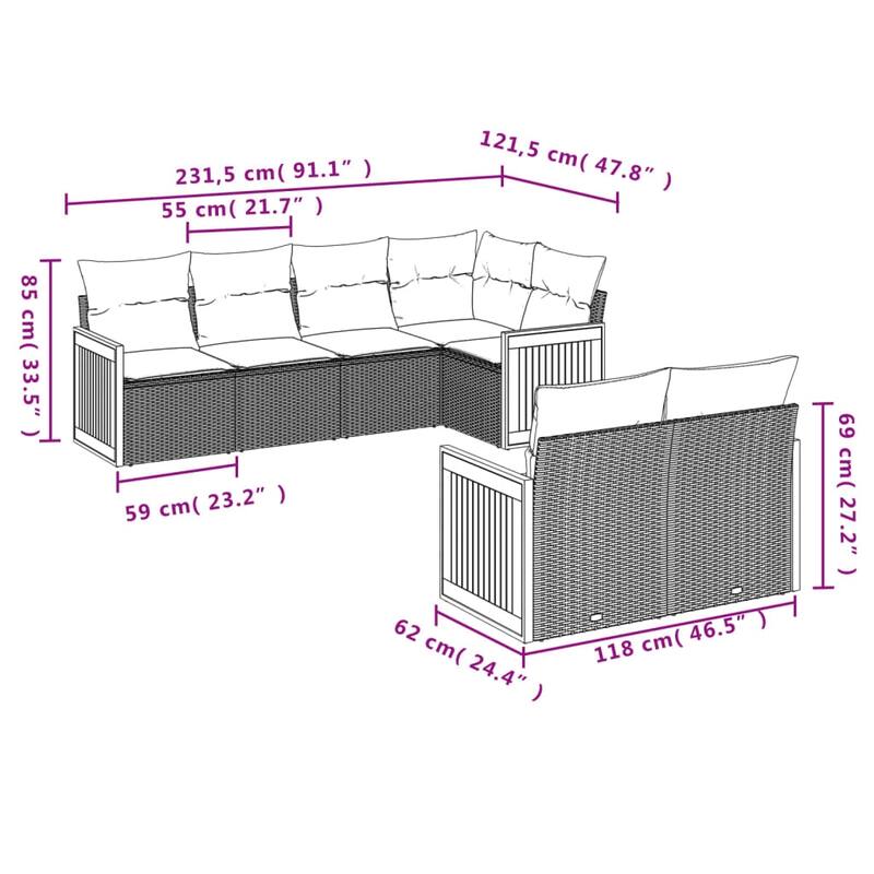 vidaXL Patio Sofa Set with Cushions Outdoor Furniture 7 Piece Poly Rattan - 24.4 x 24.4 x 27.2