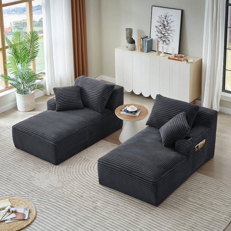 Corduroy Sleeper Sectional Loveseat Sofa, Double Chaise Lounge for Versatility with Cup Holders and Side Pockets
