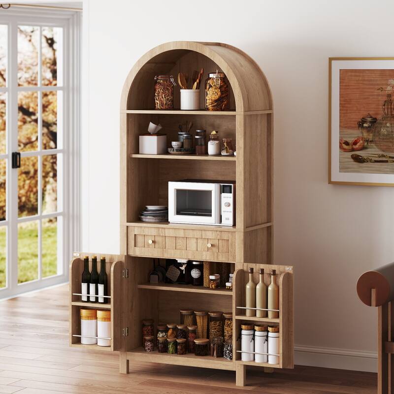 72.8" Tall Farmhouse Arched Kitchen Pantry Storage with Power Outlets and Spice Rack