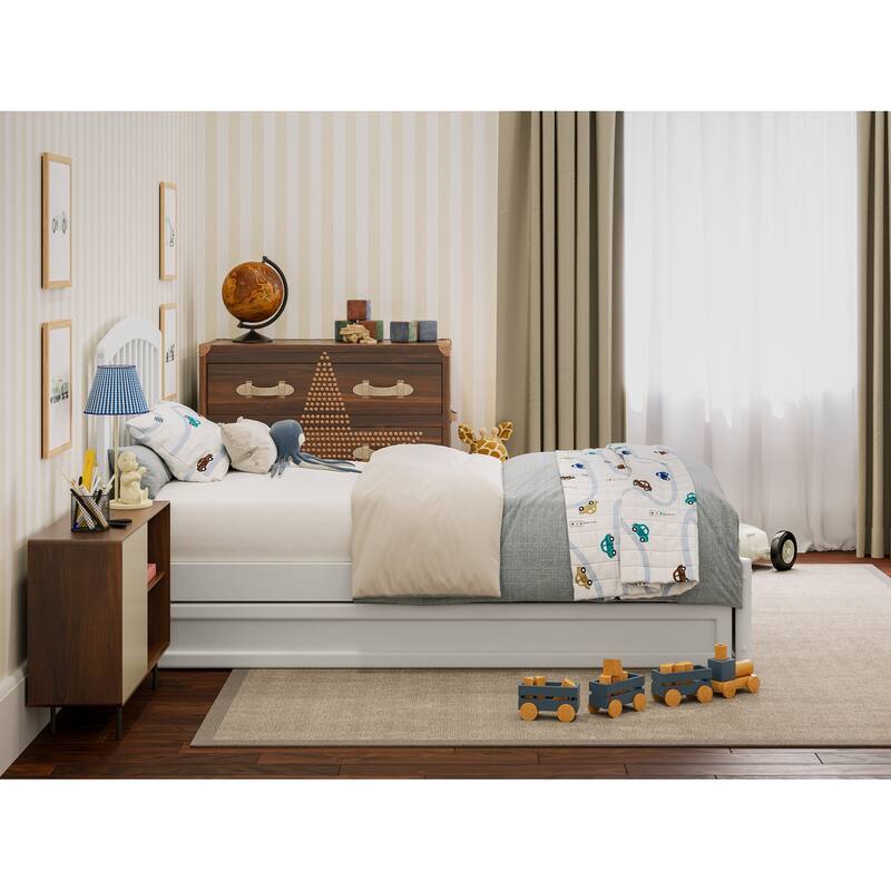 Twin Platform Bed with Trundle - White Mission Style Bed Frame & USB Charger