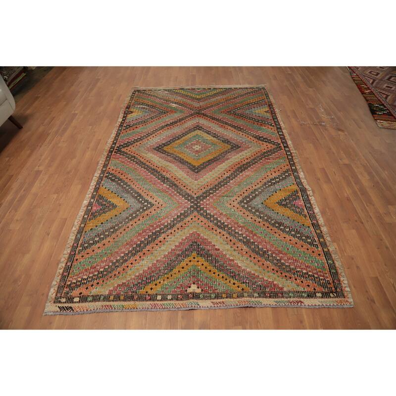 Hand Woven Oriental 100% Wool Carpet Southwestern Tribal Multi-Colored Kilim Area Rug - 9' 2'' X 5' 8''