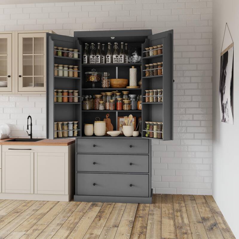 77" Farmhouse Kitchen Pantry, Freestanding Tall Cupboard Storage Cabinet with 3 Adjustable Shelves, 8 Door Shelves, 3 Drawers - Gray