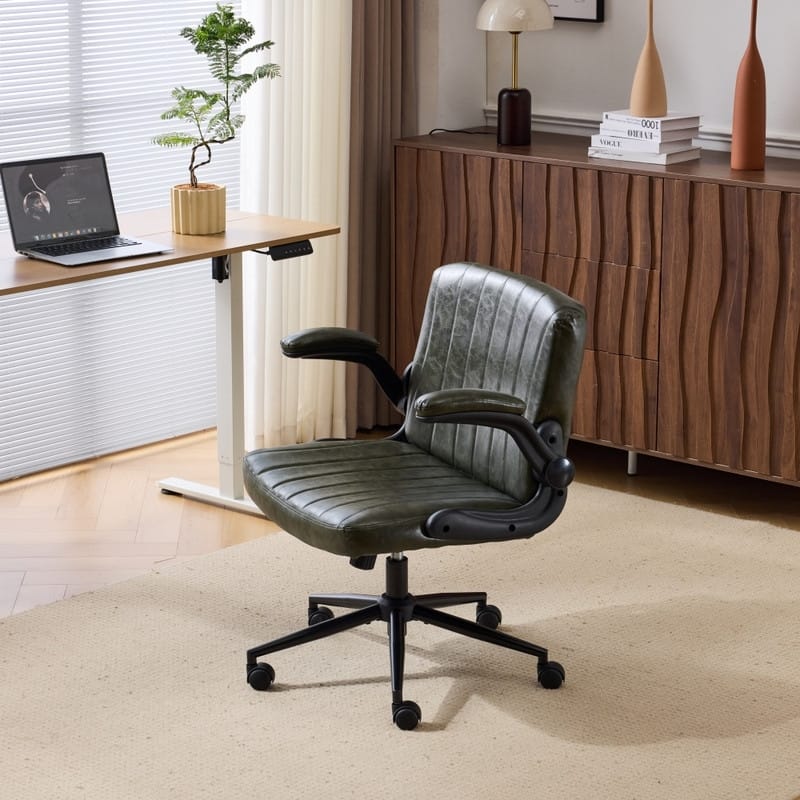 Oil-Waxed Leather Swivel Chair With Flip-Up Armrests - Dark green