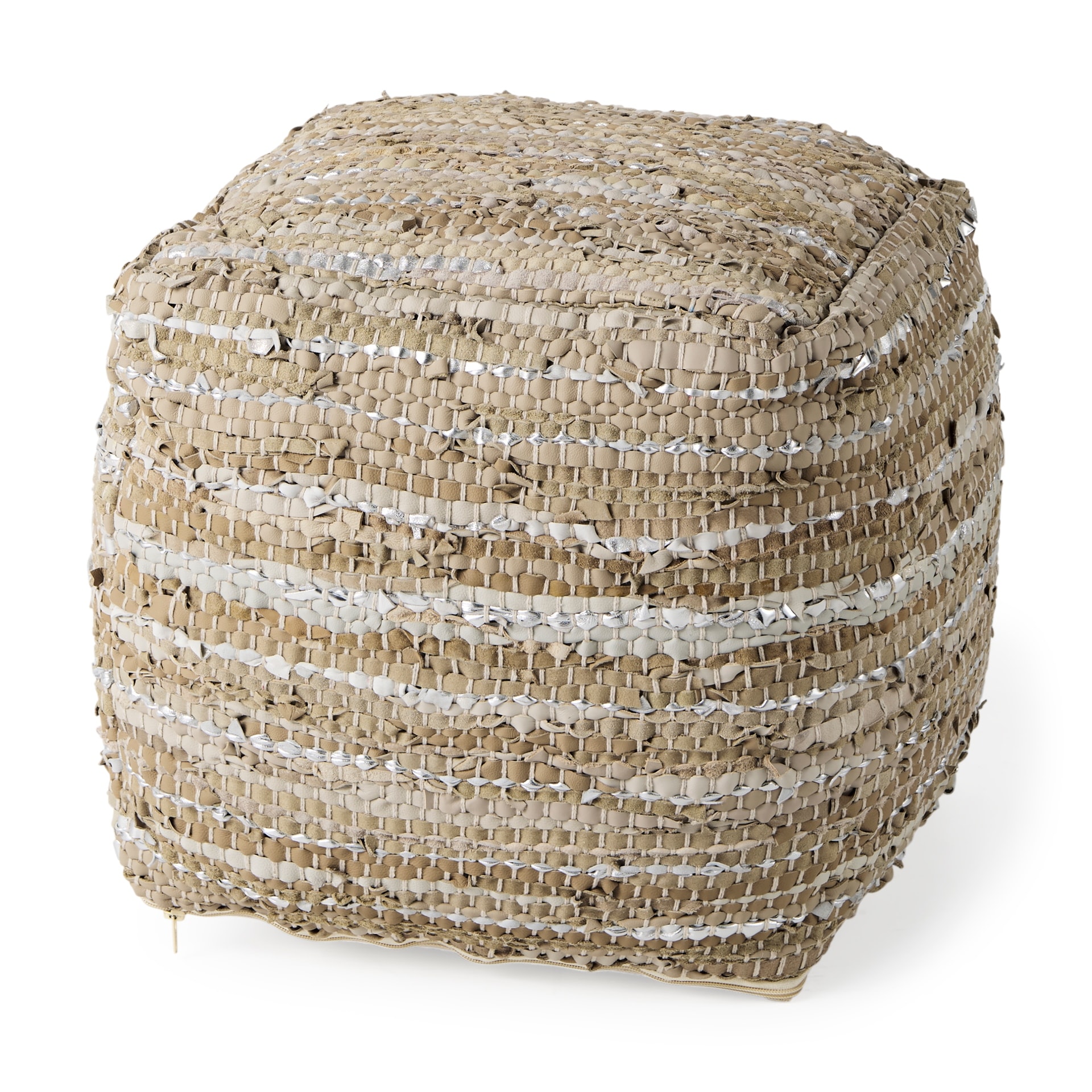Mercana "Aadhya" Taupe & Silver Leather / Cotton Square Pouf