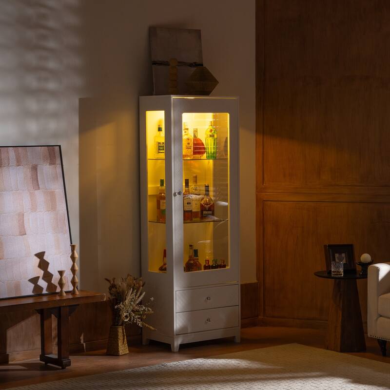 71" Freestanding Display Cabinet with 2 Drawers, Adjustable Glass Shelves and 5-Color LED Ceiling Light