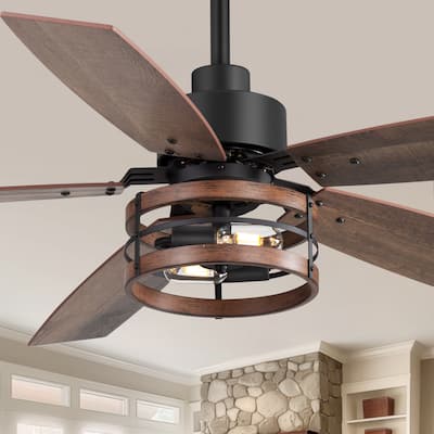 52" Farmhouse 5-Blade Black Caged Ceiling Fan with Light and Remote