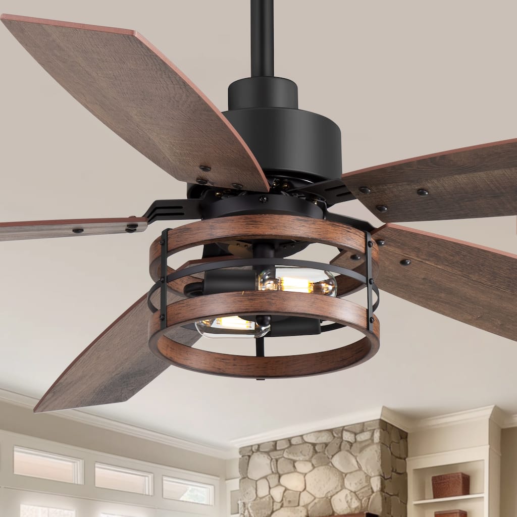 52" Farmhouse Reversible 5-Blade Black Caged Ceiling Fan with Light and Remote