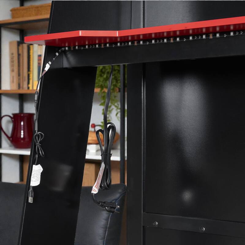 Twin Size Gaming Loft Bed with Desk, Multi-Storage Shelves, RGB Light Strip, Wood Frame, Esports Style Setup
