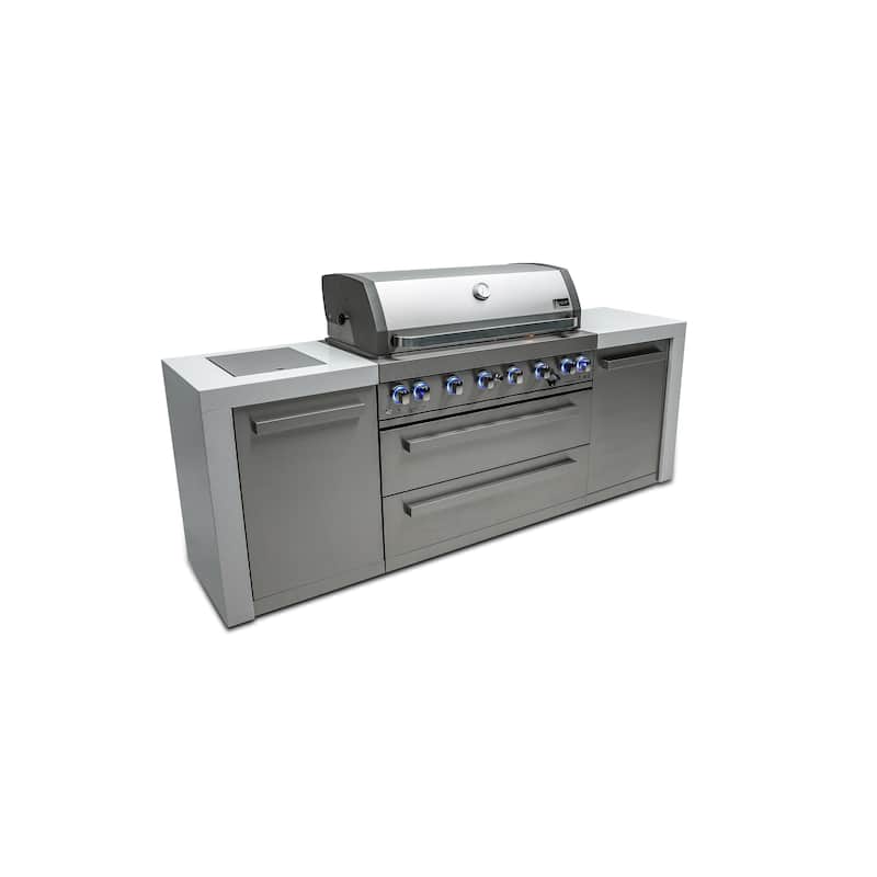 Mont Alpi Premium 94"W x 23"D Deluxe Stainless Steel Modular Outdoor Kitchen Island with Side Burner + 44"W 6-Burner BBQ Grill
