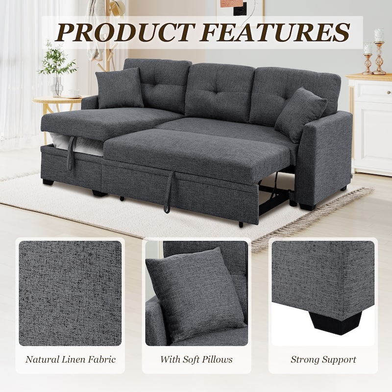 Polyester Upholstered L-Shaped Tufted Storage Modular Sleeper Sectional Sofa with 2 Pillows