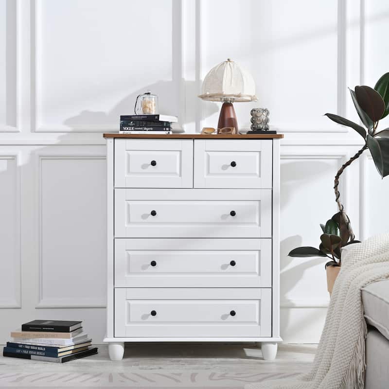 Anmytek White Dresser 5 Drawer Storage Cabinet Modern Farmhouse Bedroom Living Room - White