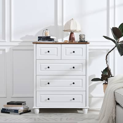 GDFStudio - Jennie White Dresser with 5 Drawers and Wood Storage Cabinet for Living Room, Hallway, Office
