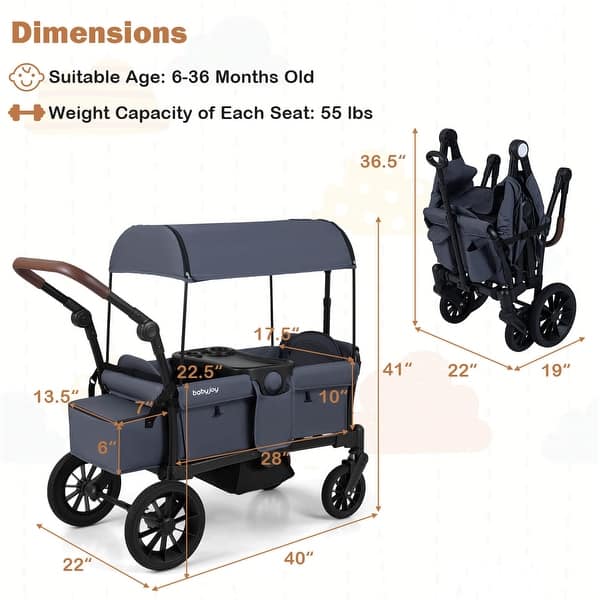 dimension image slide 0 of 2, Costway Foldable Wagon Stroller for 2 Kids, Double Seater Toddler - See Details