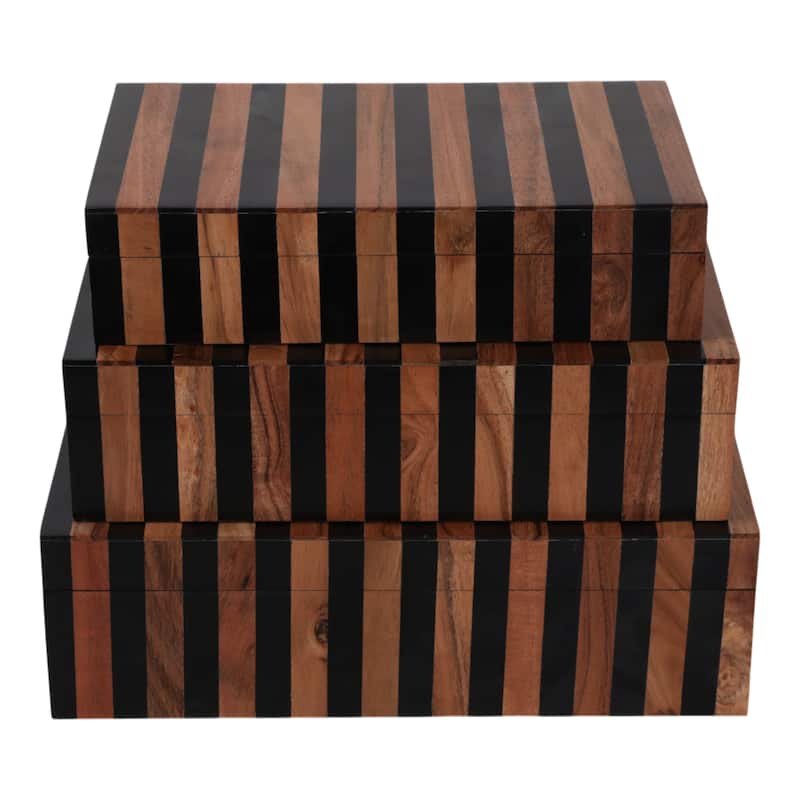 Wood Resin Storage Boxes Striped Modern Design (Set of 3) - 3/4" Brown - 12" x 8" x 3.5"