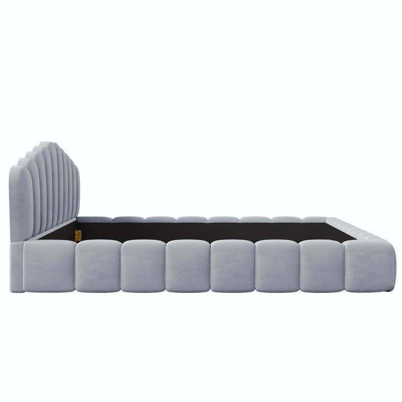 Velvet Upholstered Queen Bed Frame with Shell-Shaped Headboard