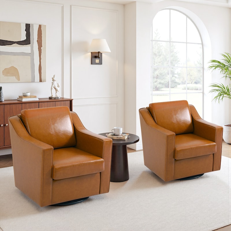 2 Set Modern Swivel Accent Arm Chair for Living Room - Light Brown-Vegan Leather
