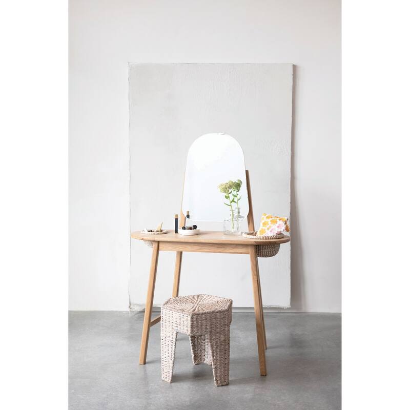 Oak Wood and MDF Vanity Table with Mirror and 2 Hand-Woven Rattan Baskets