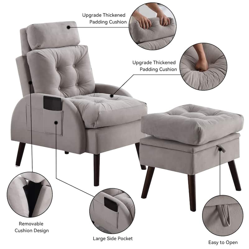 HOMYKA Upholstered Chaise Lounge Chair with Adjustable Backrest Storage Ottoman