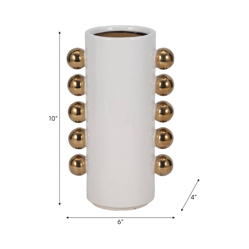 Sagebrook Home White/Gold Ceramic Cylinder Vase With Side Knobs