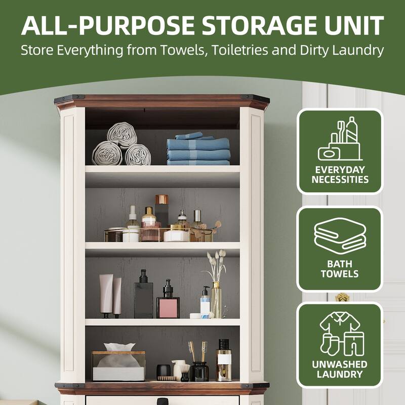 Moasis Farmhouse 4-Tier Storage Cabinet with Tilt Out Laundry Hamper and 2 Adjustable Shelves