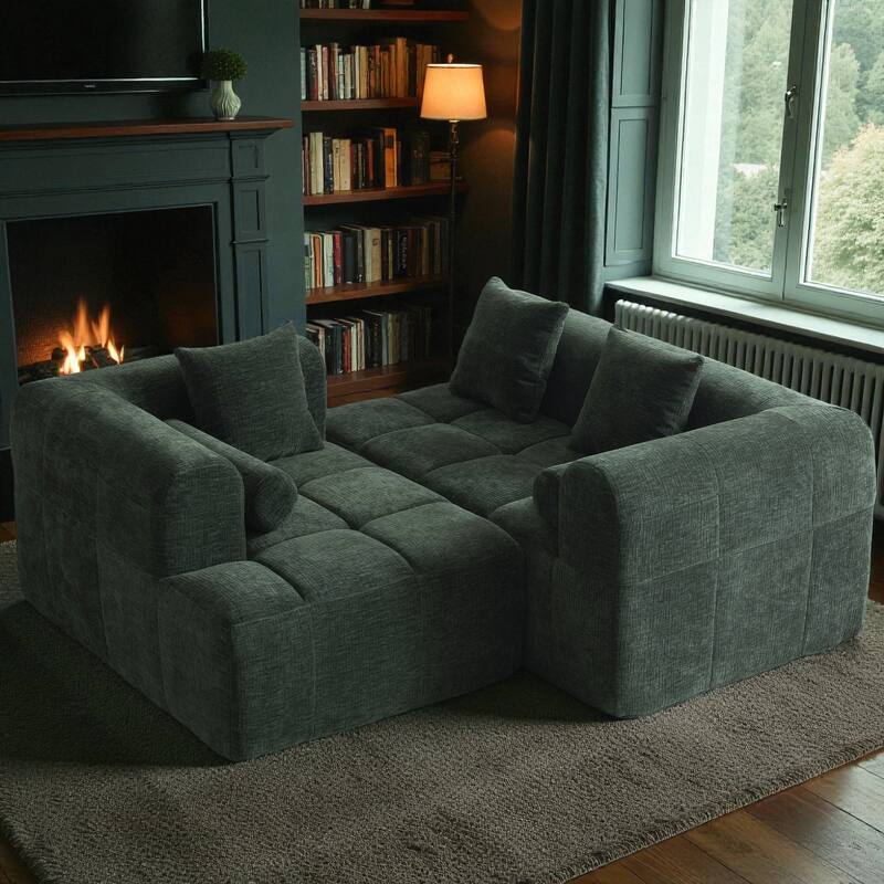 101.2" Modular Sectional Sofa Full-Foam Compressed Couch with Deep Seating Side Pockets Square & Bolster Pillows