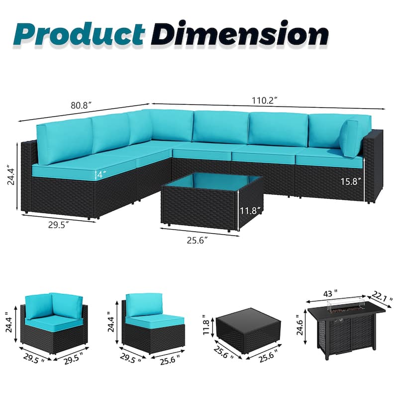8-Piece Outdoor Patio Wicker Conversation Set with Fire Pit Table, Sectional Sofa & Cushions - N/A