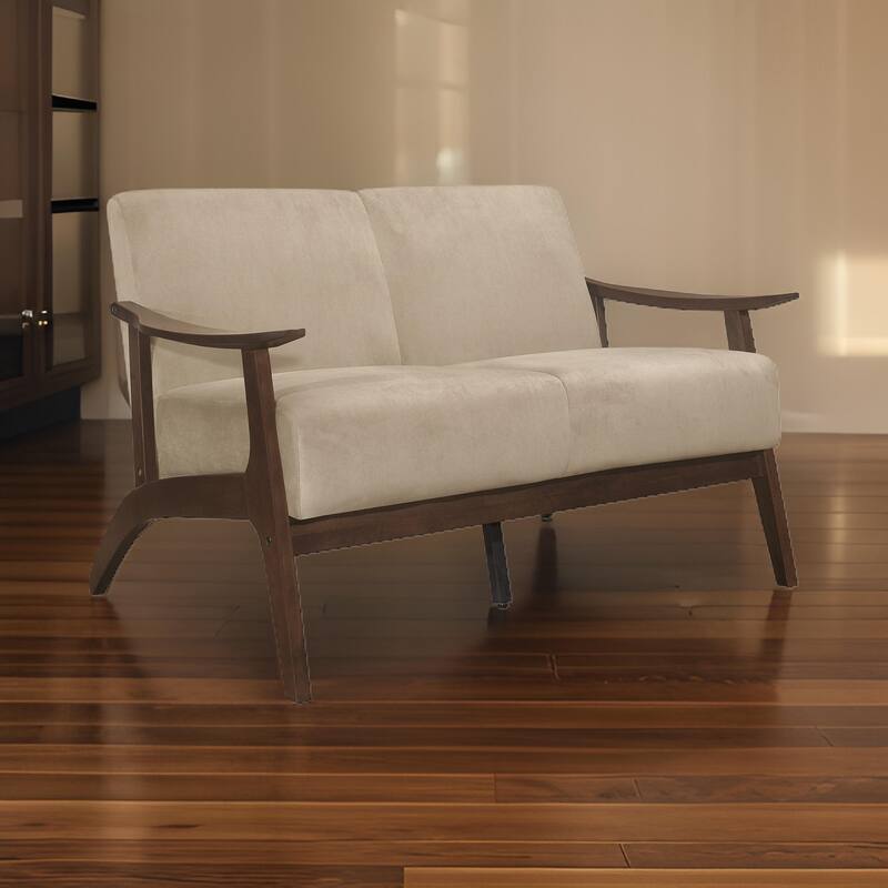 Rica 51 Inch Loveseat, Curved, Soft Beige Velvet, Walnut Brown Solid Wood