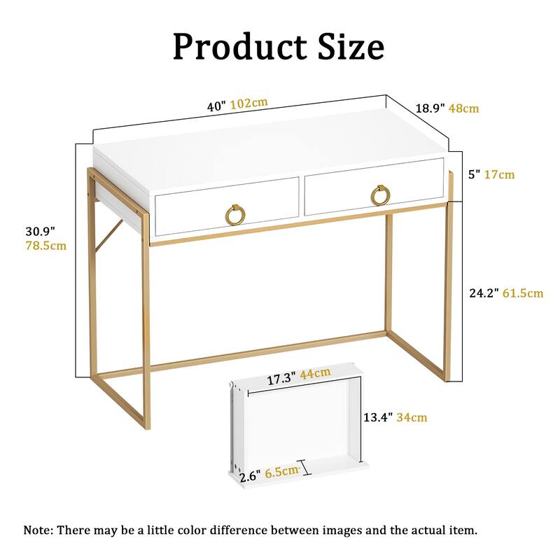 Anmytek Modern Computer Desk White Gold Vanity Desk Study Writing Table with 2 Drawers for Home Office