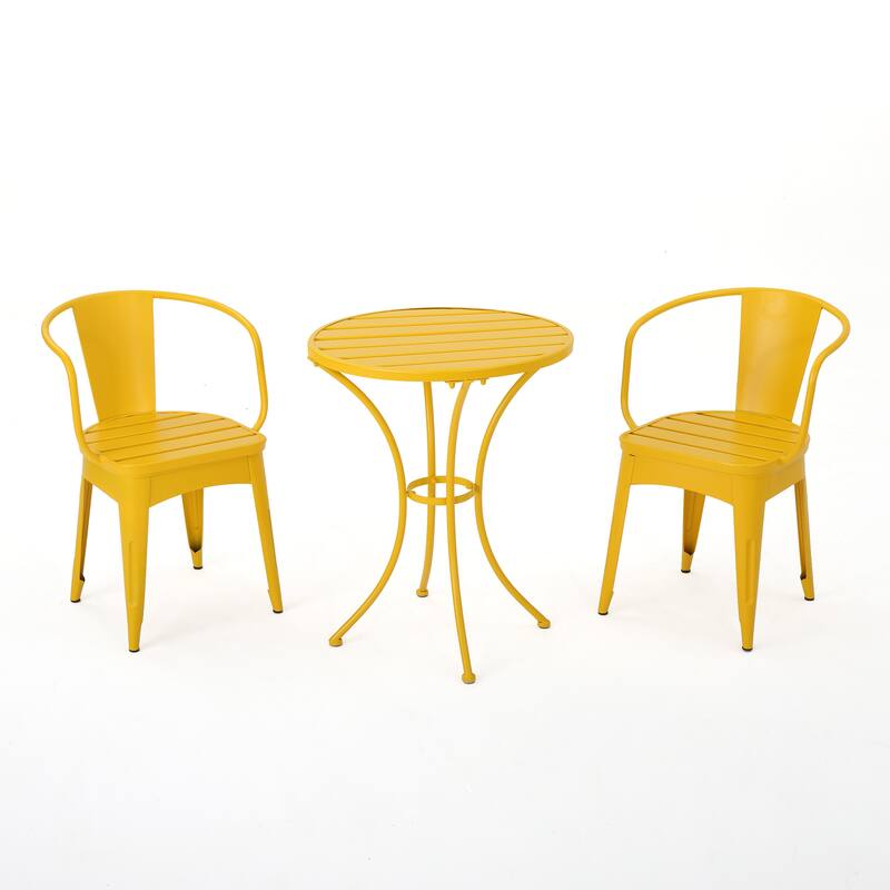 Modern 3-Piece Powder-Coated Iron Bistro Set with Round Slatted Table and Stackable Armchairs for Compact Outdoor Spaces