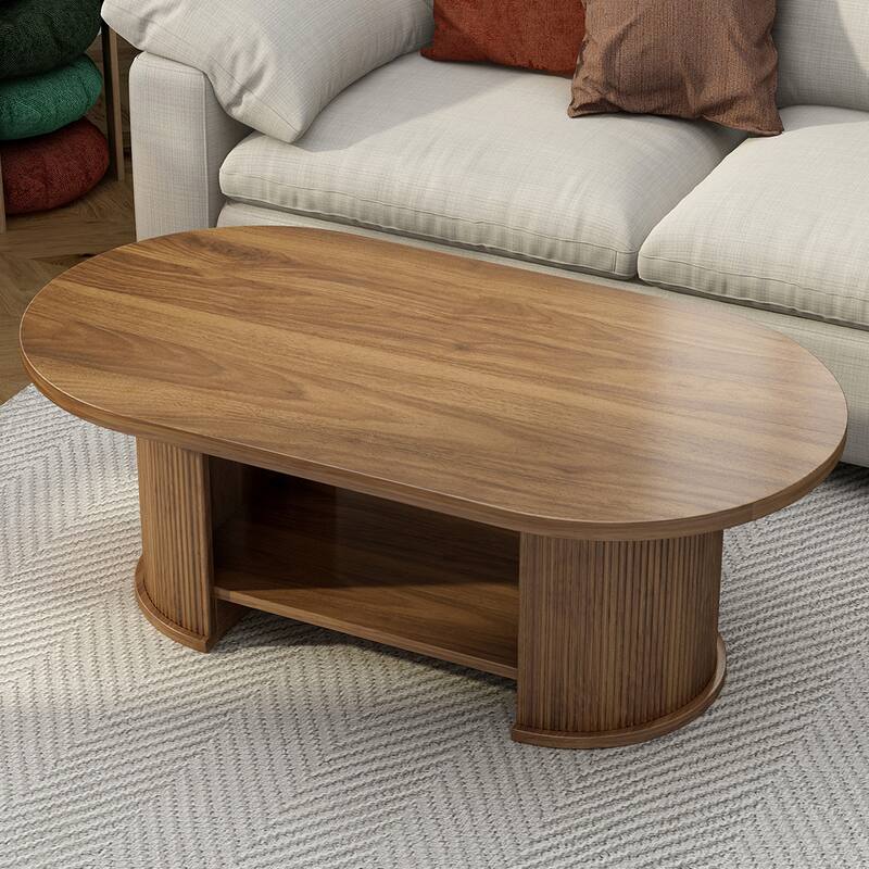 47" Oval Fluted Farmhouse Wood Coffee Table, Mid-Century 2-Tier with Storage, Walnut