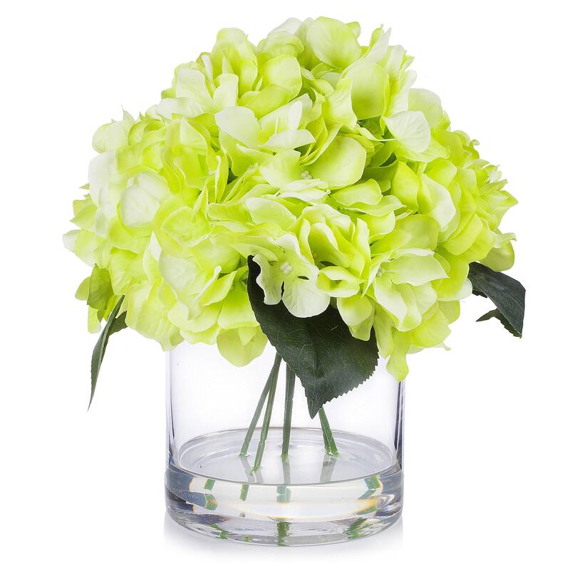 Enova Home Artificial Large Silk Hydrangea Fake Flowers Arrangement in Clear Glass Vase for Home Wedding Decoration - Green