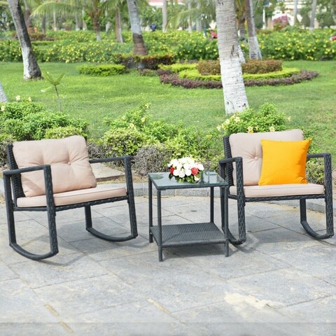 3 Pcs Patio Rattan Set Rocking Chair Cushioned Sofa Garden Furniture