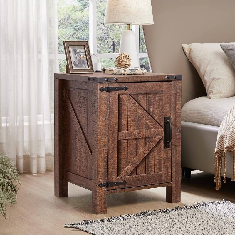Farmhouse Wood Nightstand with Charging Station, End Table, Side Table