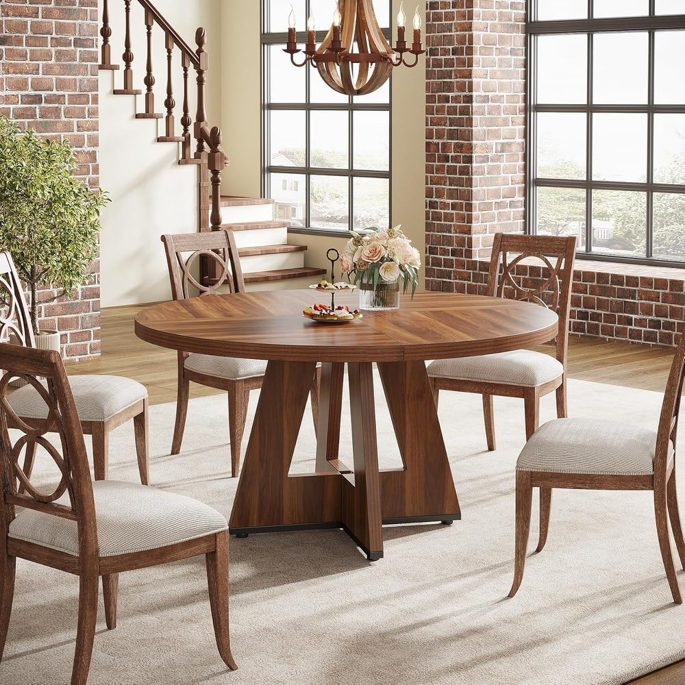 47" Round Wood Dining Table 4-Seater Farmhouse with Wooden Tabletop Cross Base for Dining Room/Kitchen