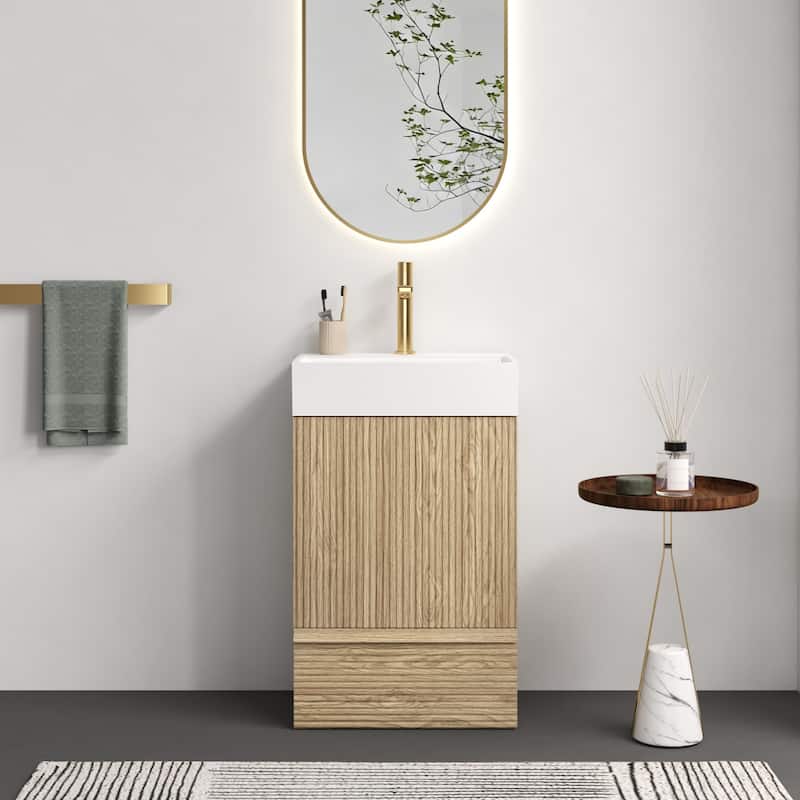 20" Striped Freestanding Bathroom Vanity with Ceramic Sink, Modern Bathroom Storage Cabinet - Light Oak