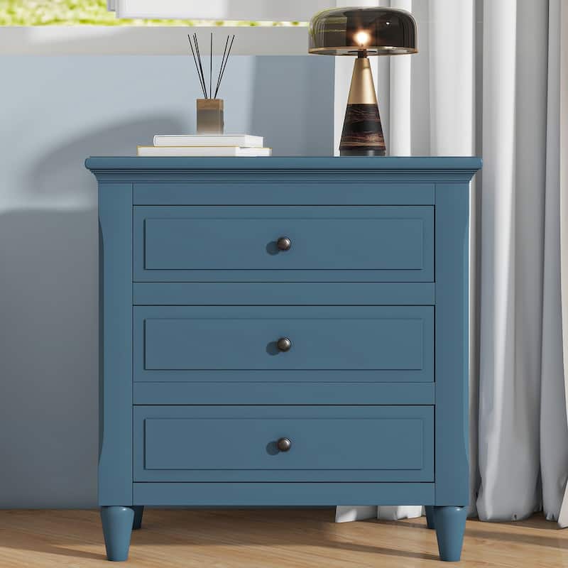 Contemporary 3-Drawer Nightstand - Bedside Cabinet Offers Ample Storage for Personal Items - Blue