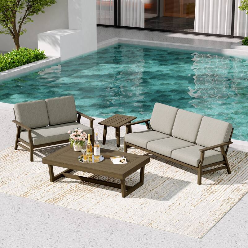 Teak Outdoor Seating Set with Daybed & Tables.