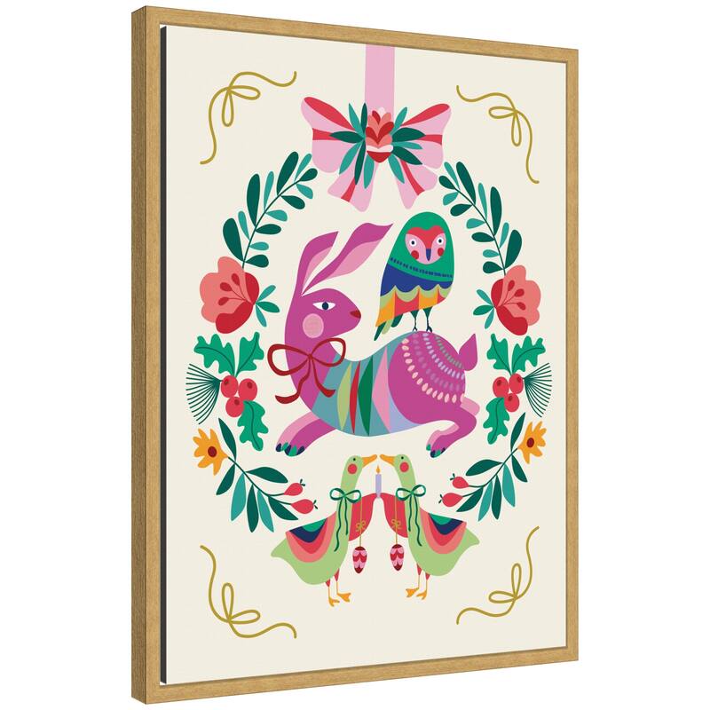 Kate and Laurel Sylvie Framed Canvas Woodland Animals Christmas Wreath by Rachel Lee - Yellow