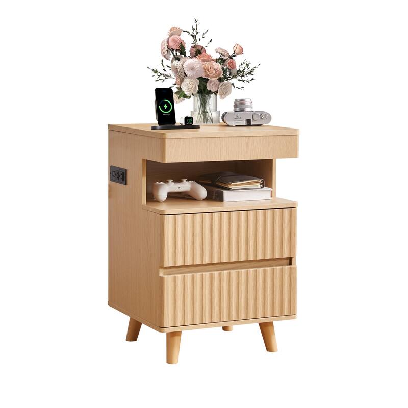 Modern Bedside Table with Gun Drawer,Bedside Table with Charging Station, 2 Drawers and Open Shelf,Side Table for Bedroom