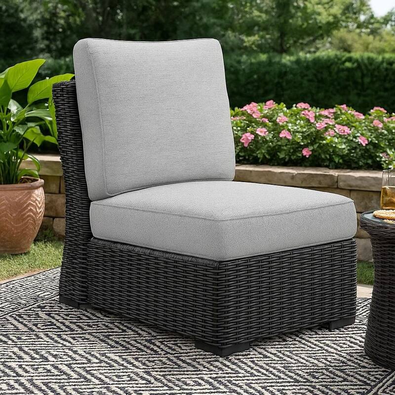 Tira Outdoor Modular Armless Chair, Black Woven Wicker, Gray Nuvella