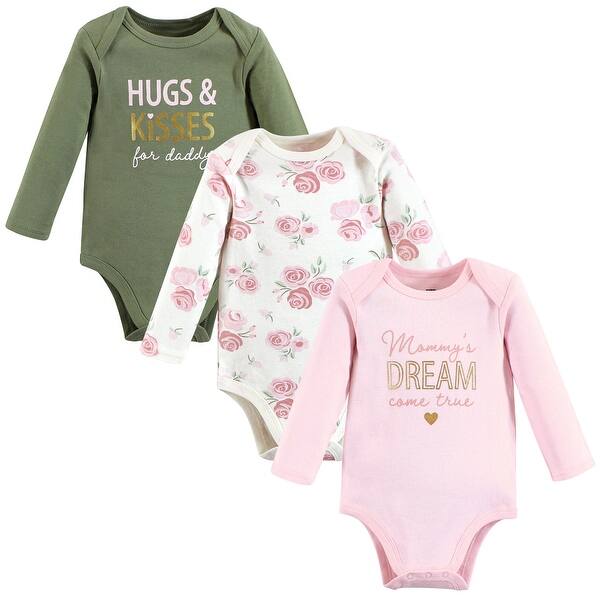 slide 1 of 1, Hudson Baby Infant Girl Cotton Long-Sleeve Bodysuits, Mom Dad Floral 0-3 Months - Mom Dad Floral